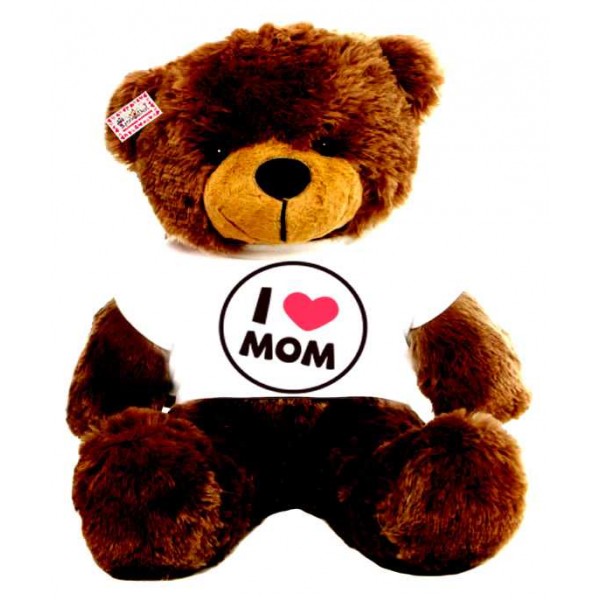 2 feet brown teddy bear wearing I Love Mom T-shirt
